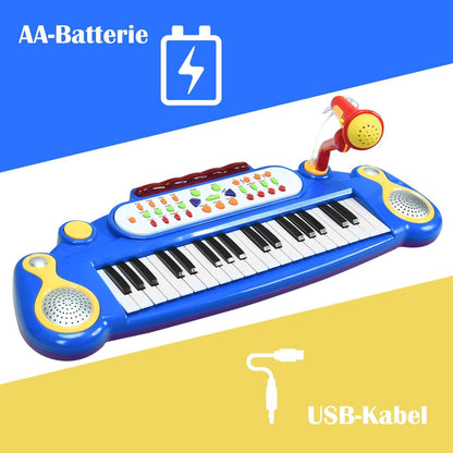 Blue electronic keyboard with 37 keys, colorful controls, speakers, and microphone