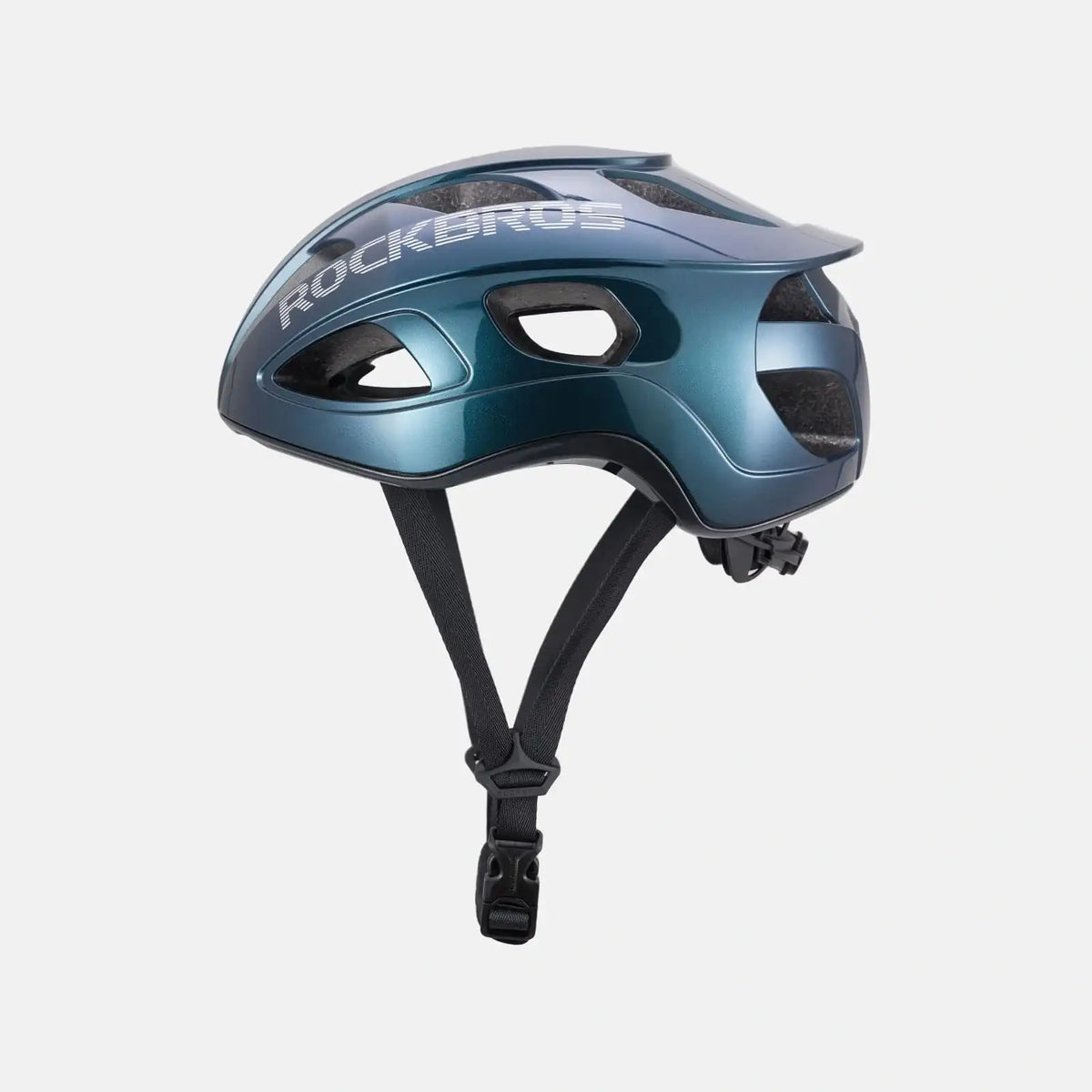 Lightweight bike helmet, teal-blue shell with black vents and front chin strap.