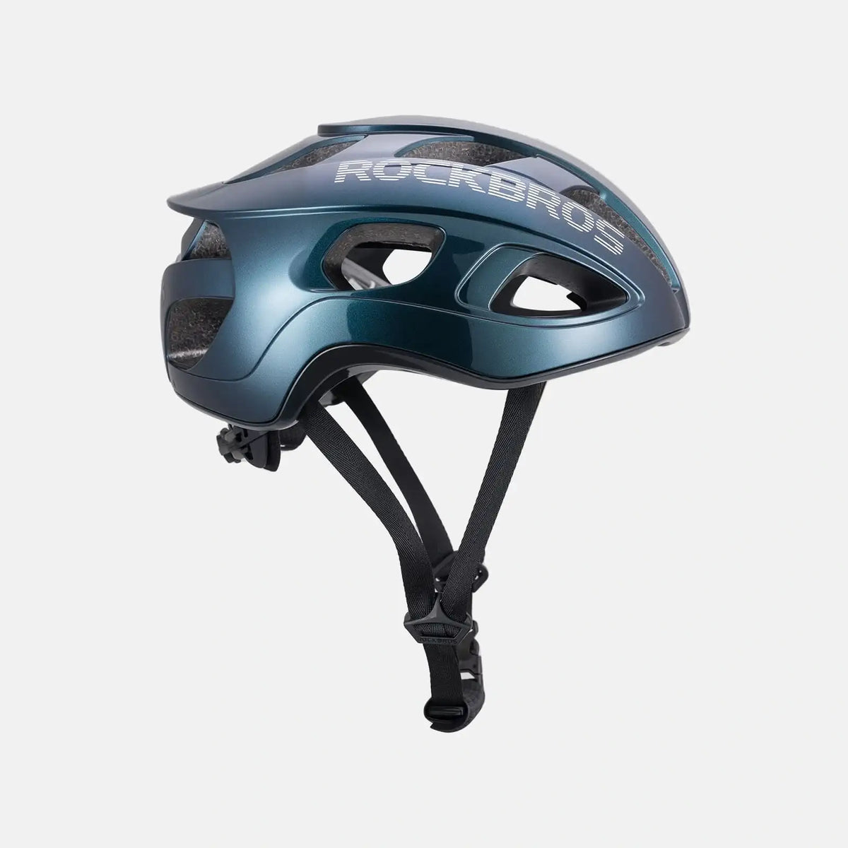 Lightweight bike helmet, teal-blue shell with black ventilation cutouts and side straps.