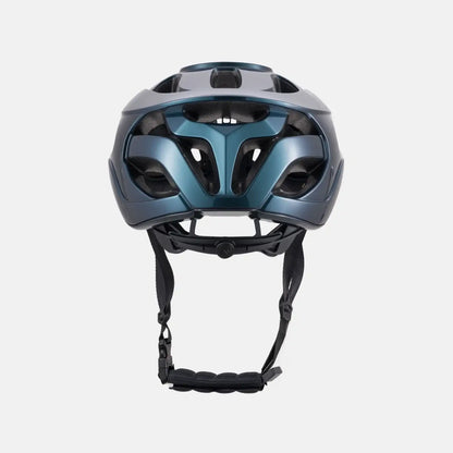 Lightweight bike helmet, teal-blue shell with black ventilation openings and chin straps.