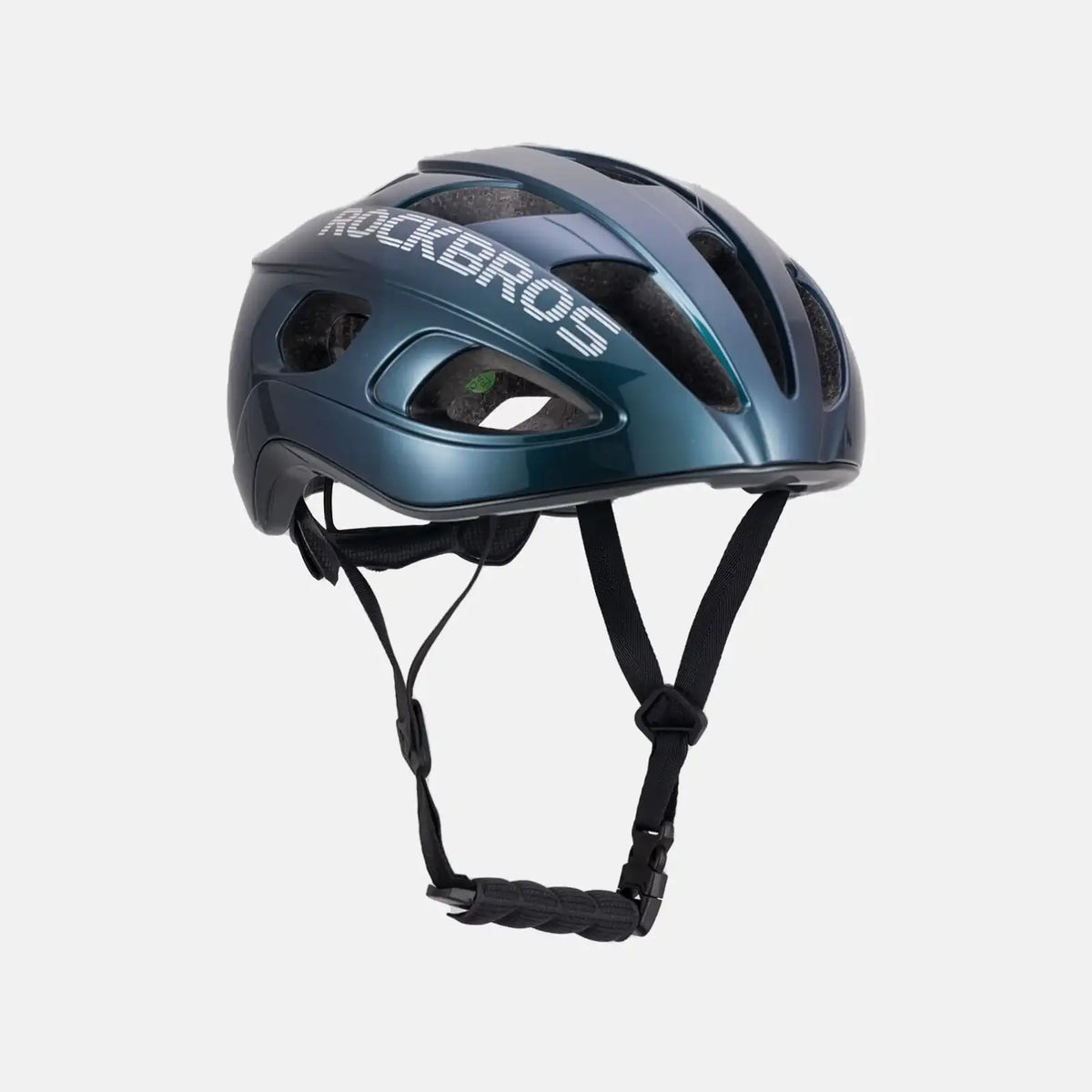 Lightweight bike helmet, dark teal-blue shell with black vents and front chin strap.