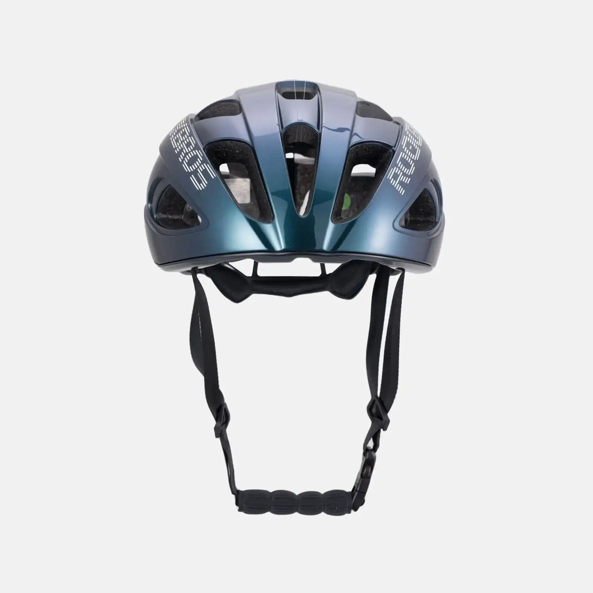 Lightweight bike helmet, blue shell with black vent channels and front chin straps.