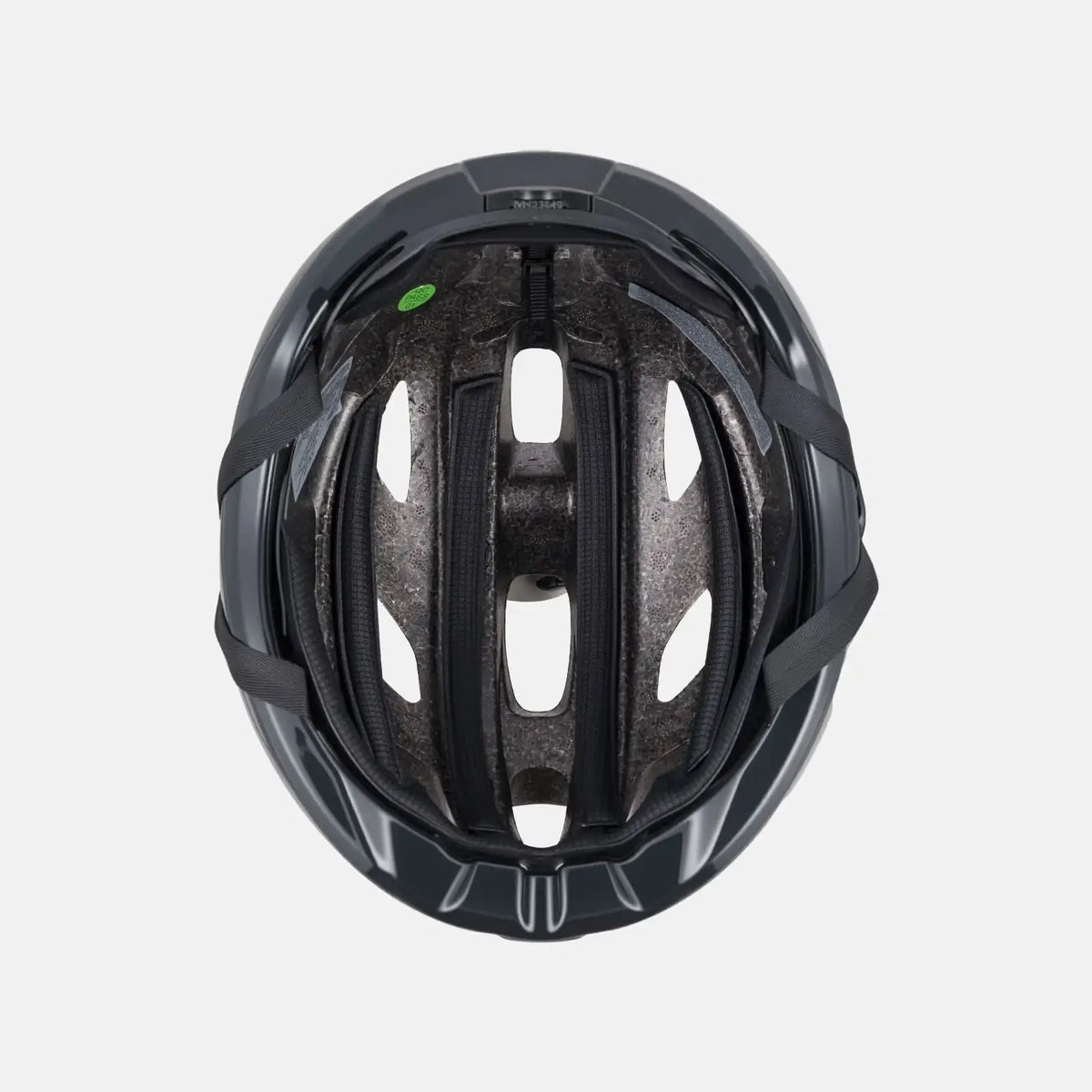 Black bicycle helmet with vent openings and internal padding visible from the back