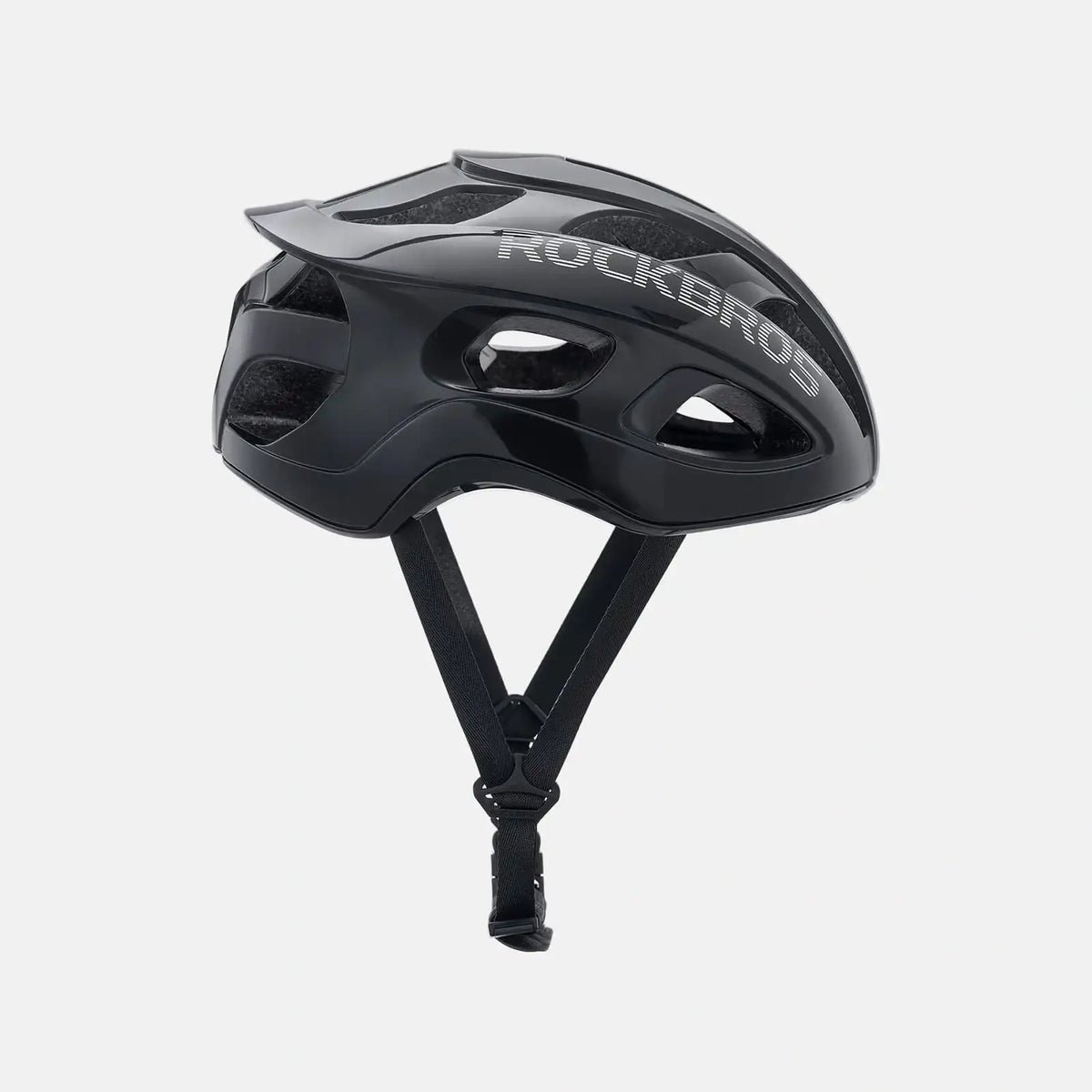 ROCKBROS lightweight bike helmet in black, side view with vented shell