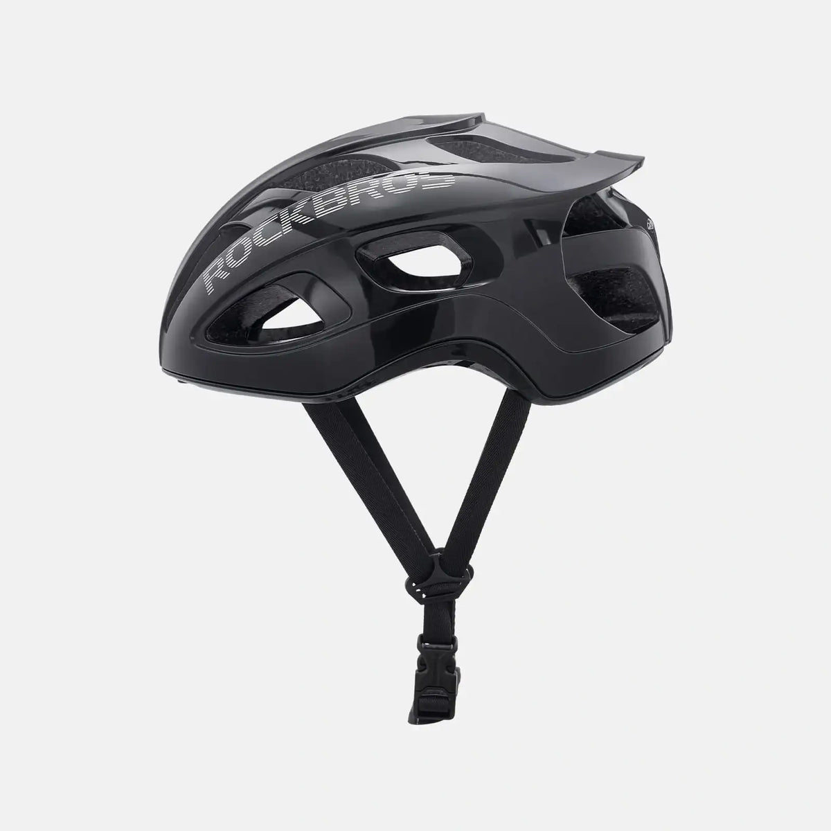 ROCKBROS lightweight bike helmet in black, with chin strap and rear buckle