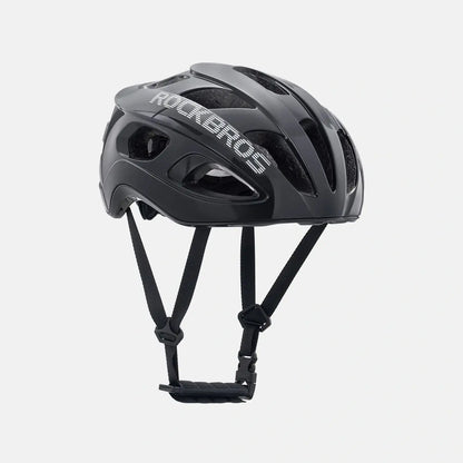 ROCKBROS lightweight bike helmet in black, front 3/4 view with chin straps