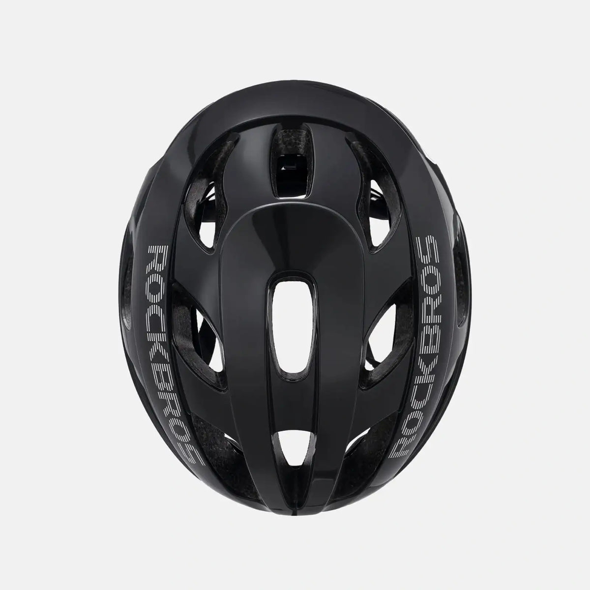 ROCKBROS lightweight bike helmet in black, close-up of top vent and inner openings