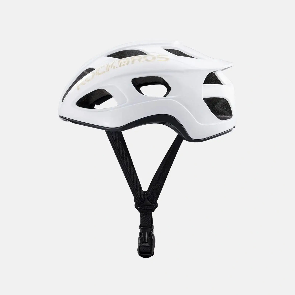Lightweight bike helmet in glossy white with black vents and adjustable chin strap