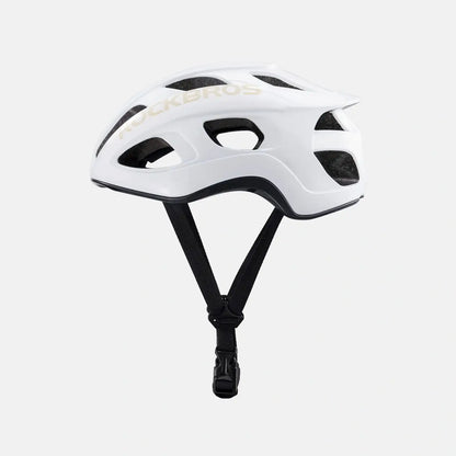 Lightweight bike helmet in glossy white with black vents and adjustable chin strap