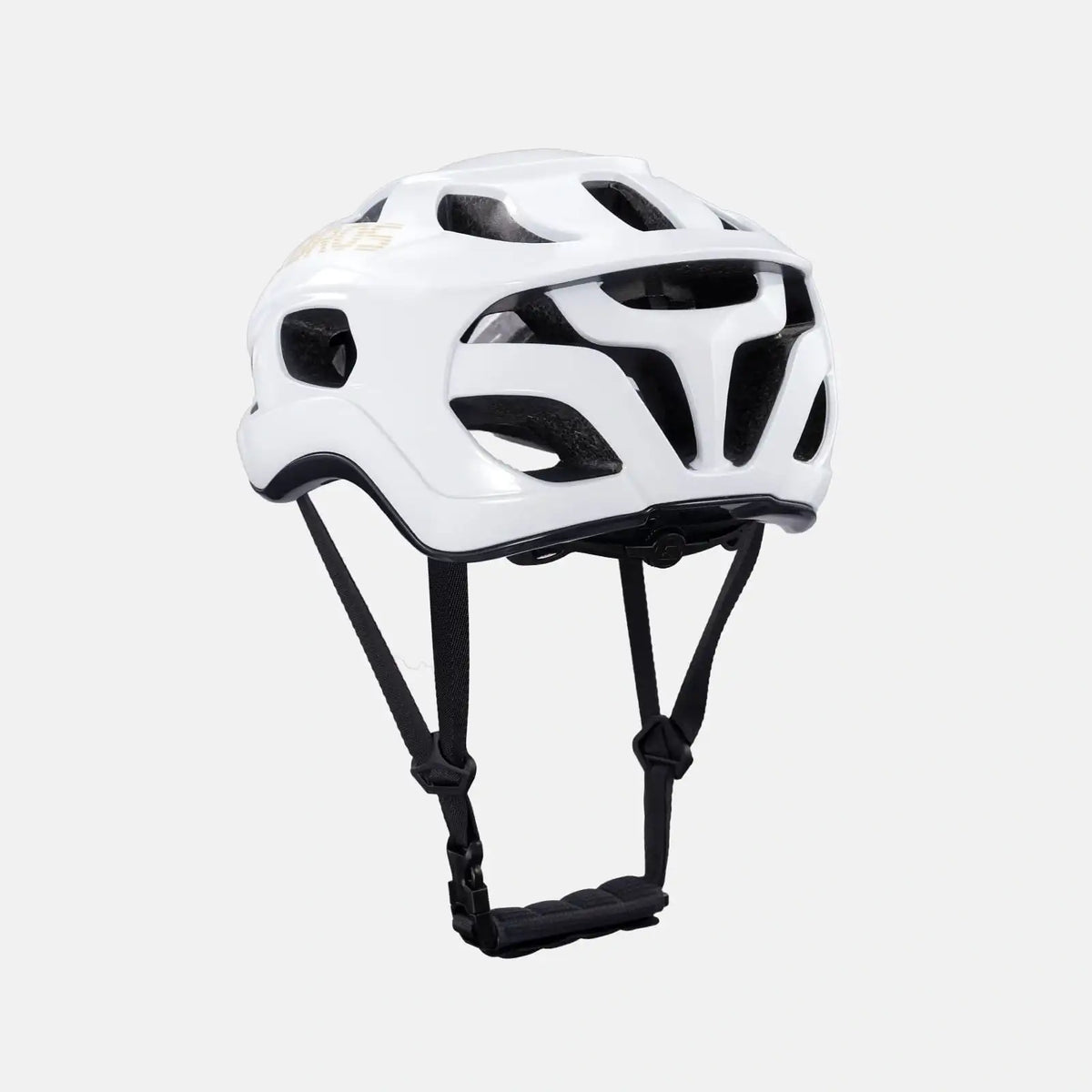 Lightweight bike helmet in glossy white with black chin straps and side vent cutouts