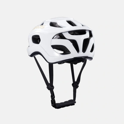 Lightweight bike helmet in glossy white with black chin straps and side vent cutouts
