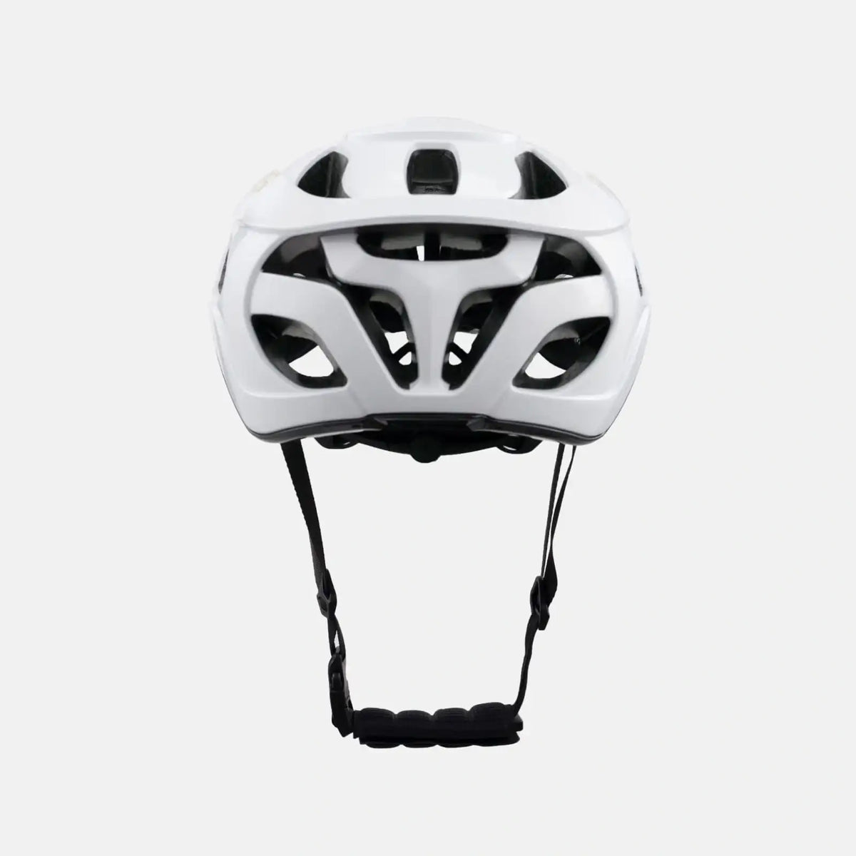 Lightweight bike helmet in glossy white with ventilation openings and black rear fit straps