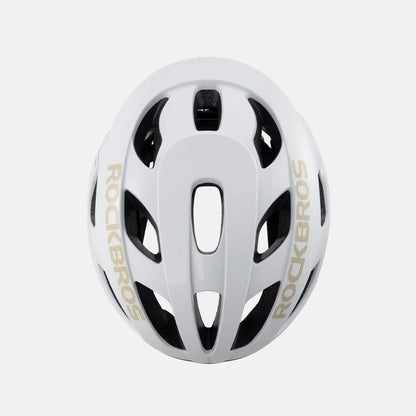 Lightweight bike helmet in glossy white with rear vent channels and oval ventilation slots
