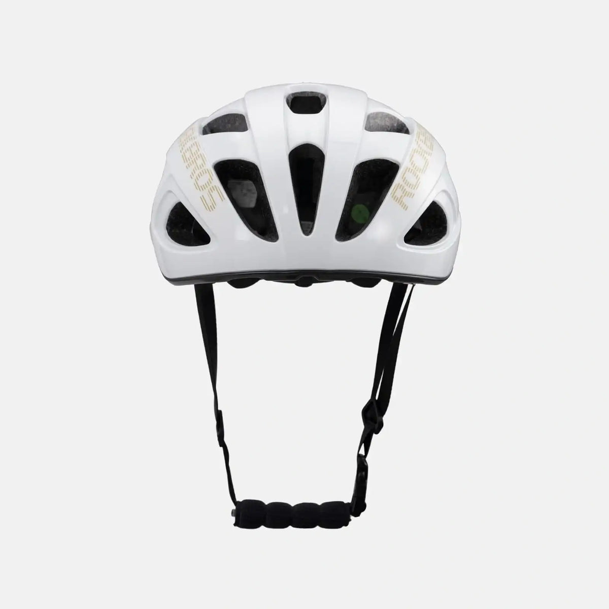 Lightweight bike helmet in glossy white with front ventilation holes and black chin strap
