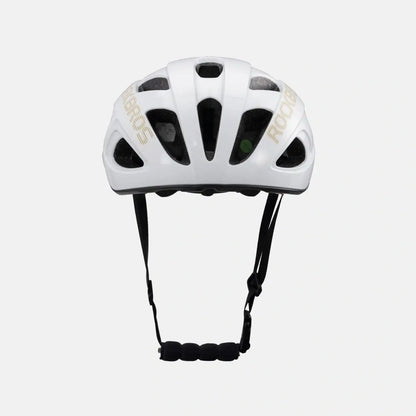 Lightweight bike helmet in glossy white with front ventilation holes and black chin strap