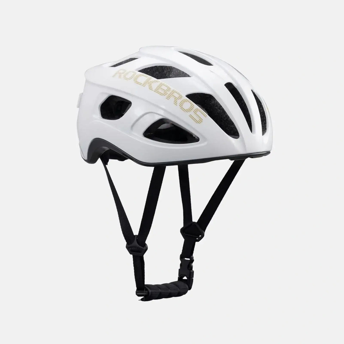 Lightweight bike helmet in glossy white with black side vents and front straps