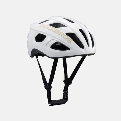 Lightweight bike helmet in glossy white with black side vents and front straps
