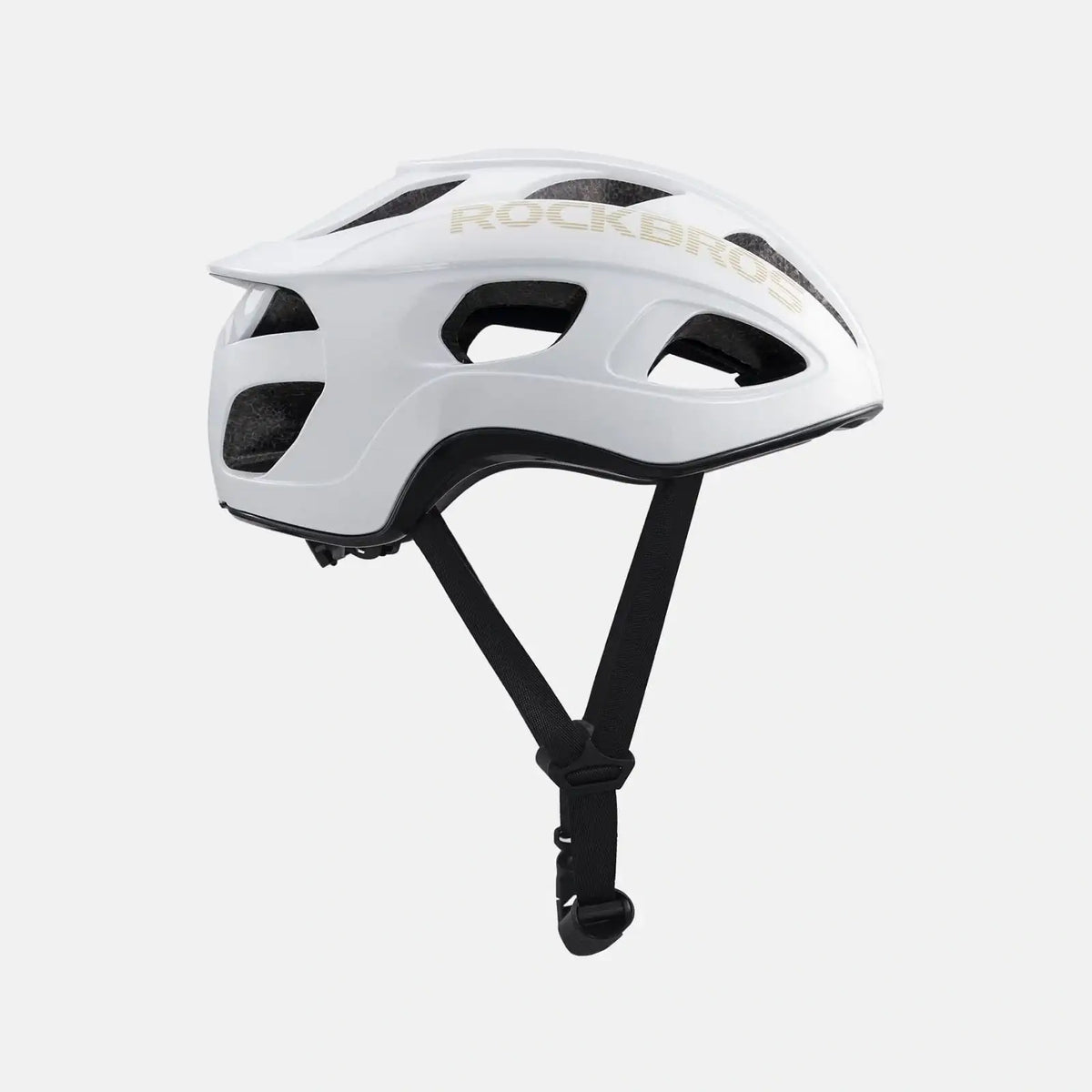 Lightweight bike helmet in glossy white with black vent panels and rear strap