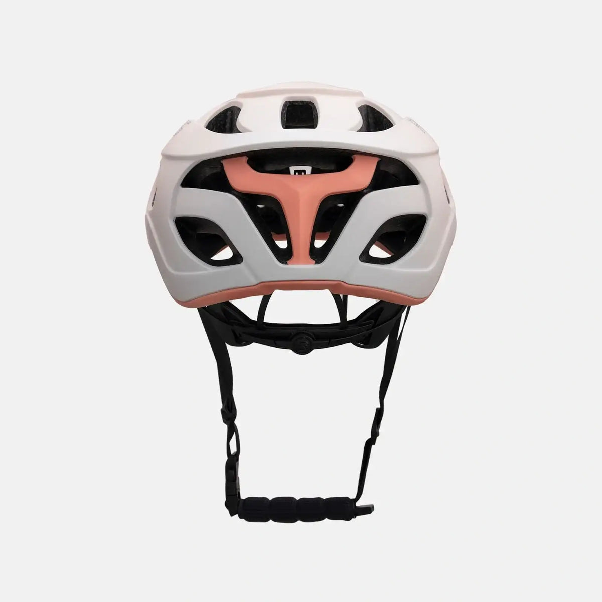 Light bike helmet in white with pink stripe accents, 20 vents and chin strap