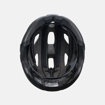 Lightweight bike helmet in matte black, underside view showing inner padding and channels