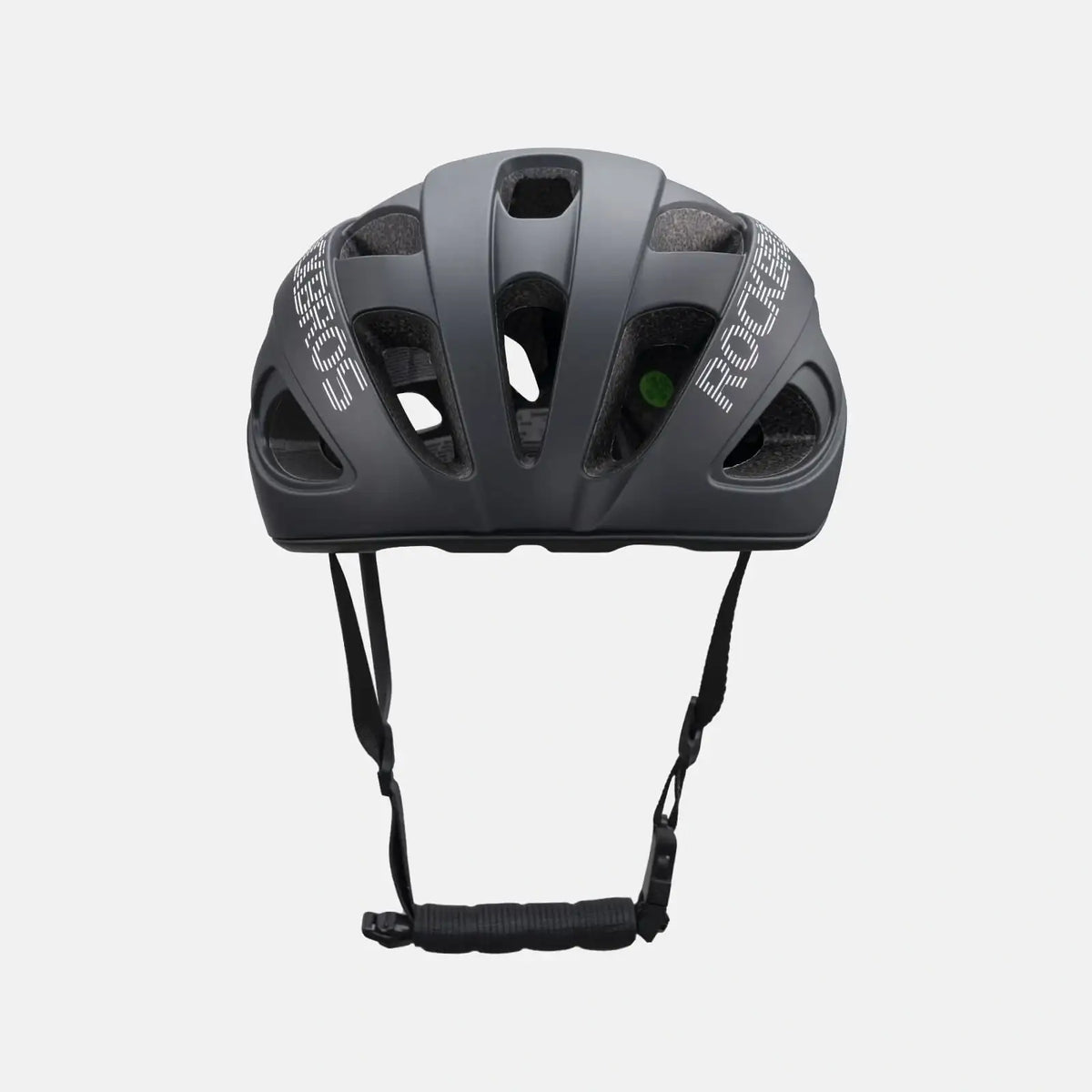 Lightweight bike helmet in matte black, top view with vent channels and chin strap