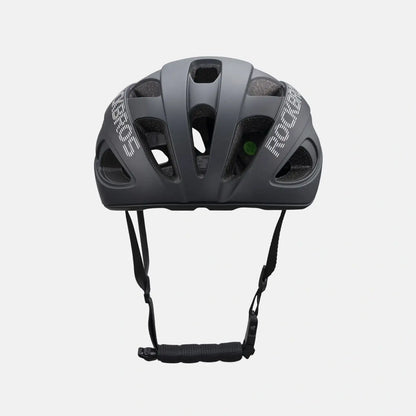 Lightweight bike helmet in matte black, top view with vent channels and chin strap