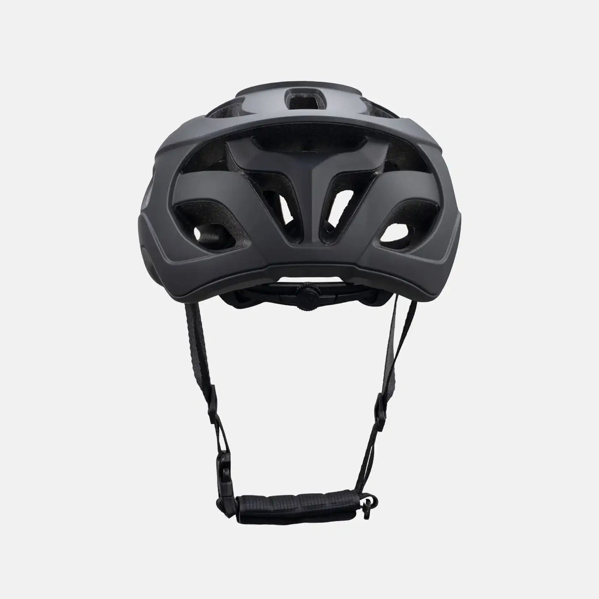Lightweight bike helmet in matte black, front view with large vent cutouts and chin straps