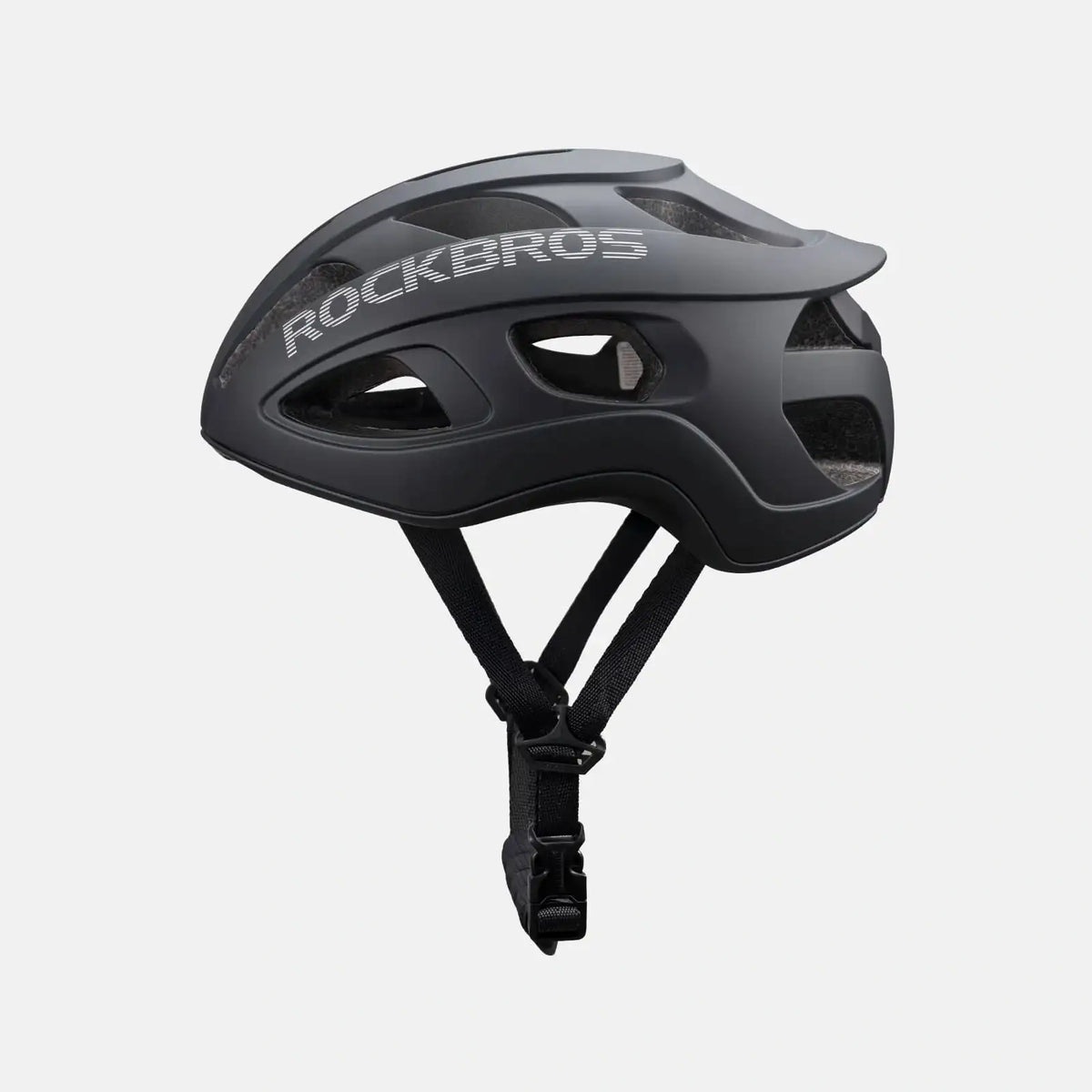ROCKBROS lightweight bike helmet in black, side view with logo on the shell