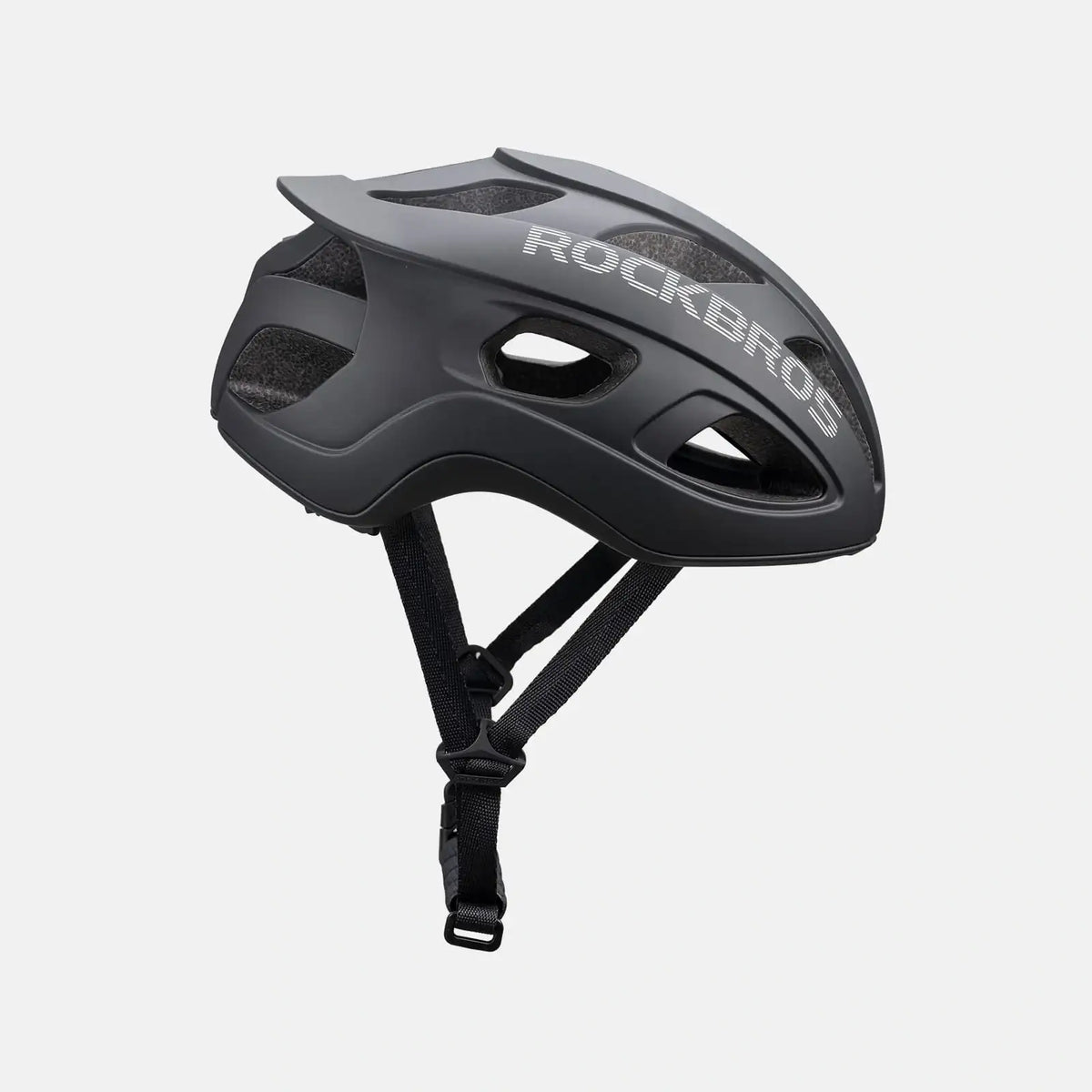 ROCKBROS lightweight bike helmet in black, side profile with chin strap