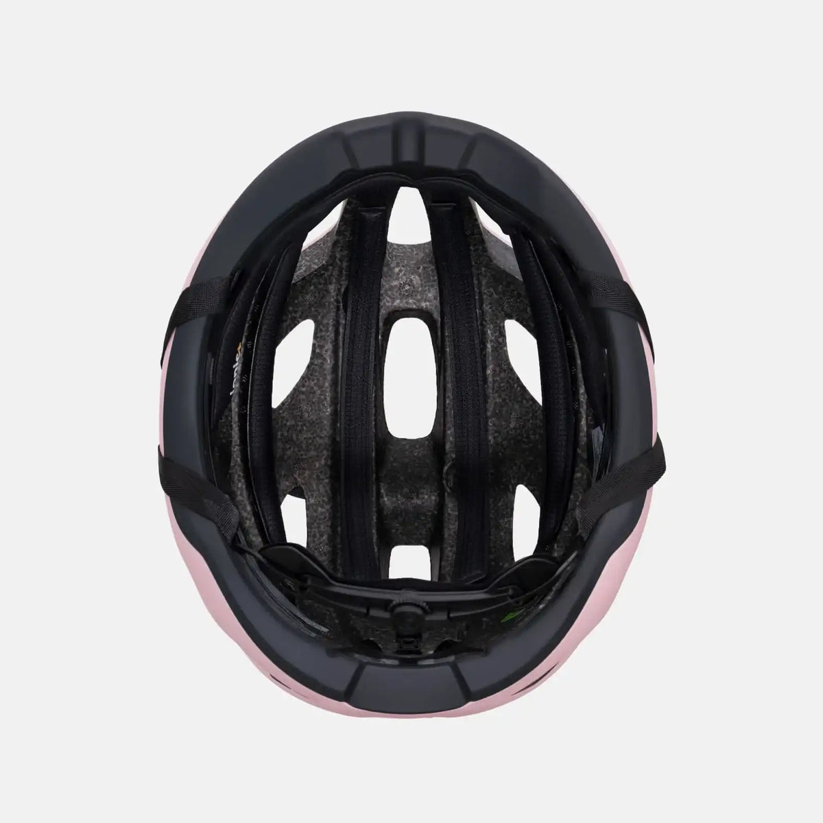 Black bike helmet interior with padding and pink outer rim trim