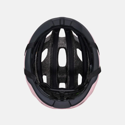 Black bike helmet interior with padding and pink outer rim trim