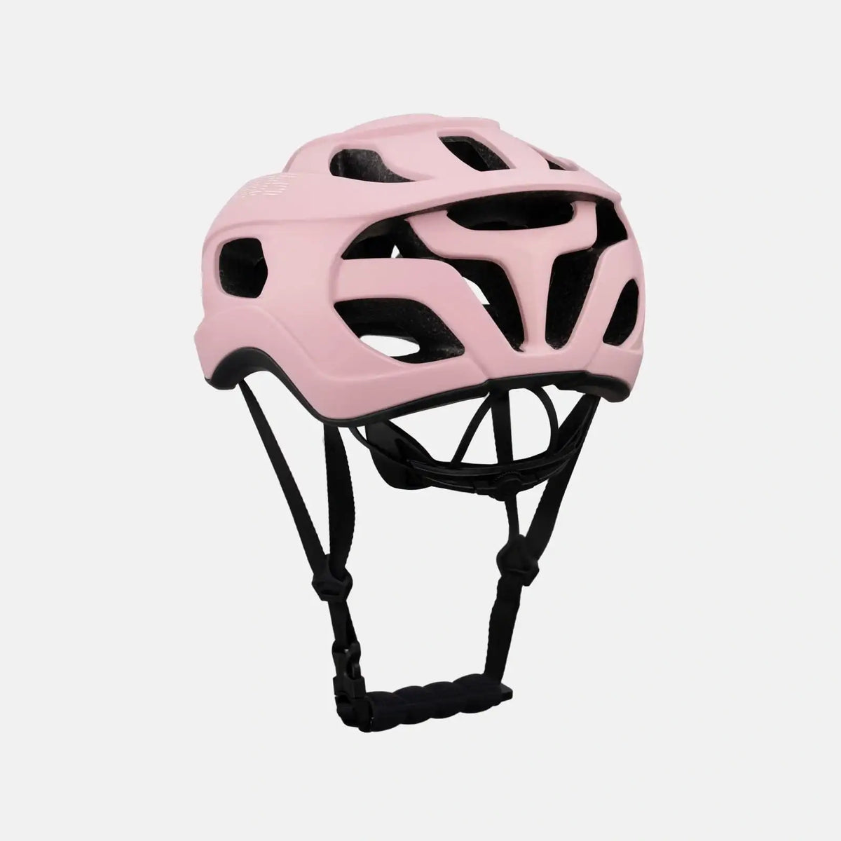 Pink bicycle helmet rear view with vented shell and black chin strap