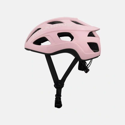 Matte pink bike helmet with vented shell and black chin strap