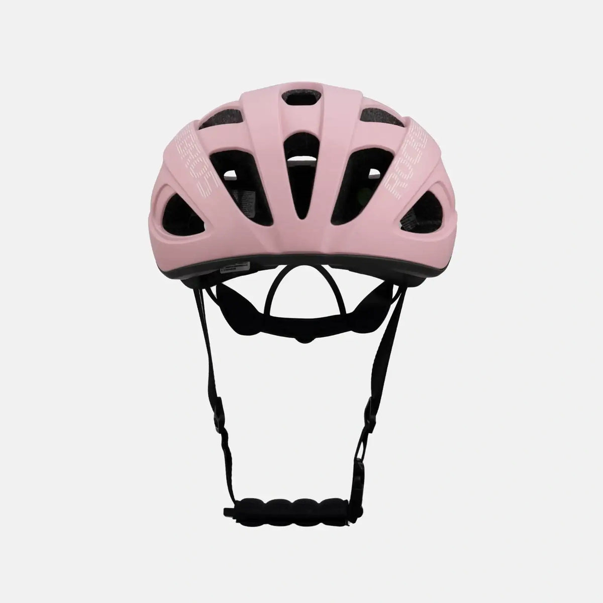 Pink cycling helmet front view with chin strap and vent cutouts