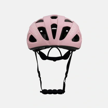 Pink cycling helmet front view with chin strap and vent cutouts