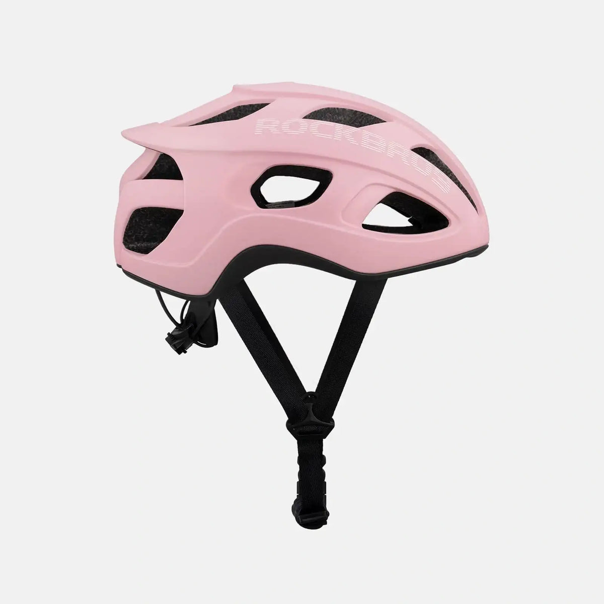 Matte pink bicycle helmet with front vents and black chin strap