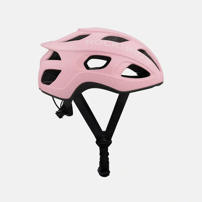 Matte pink bicycle helmet with front vents and black chin strap