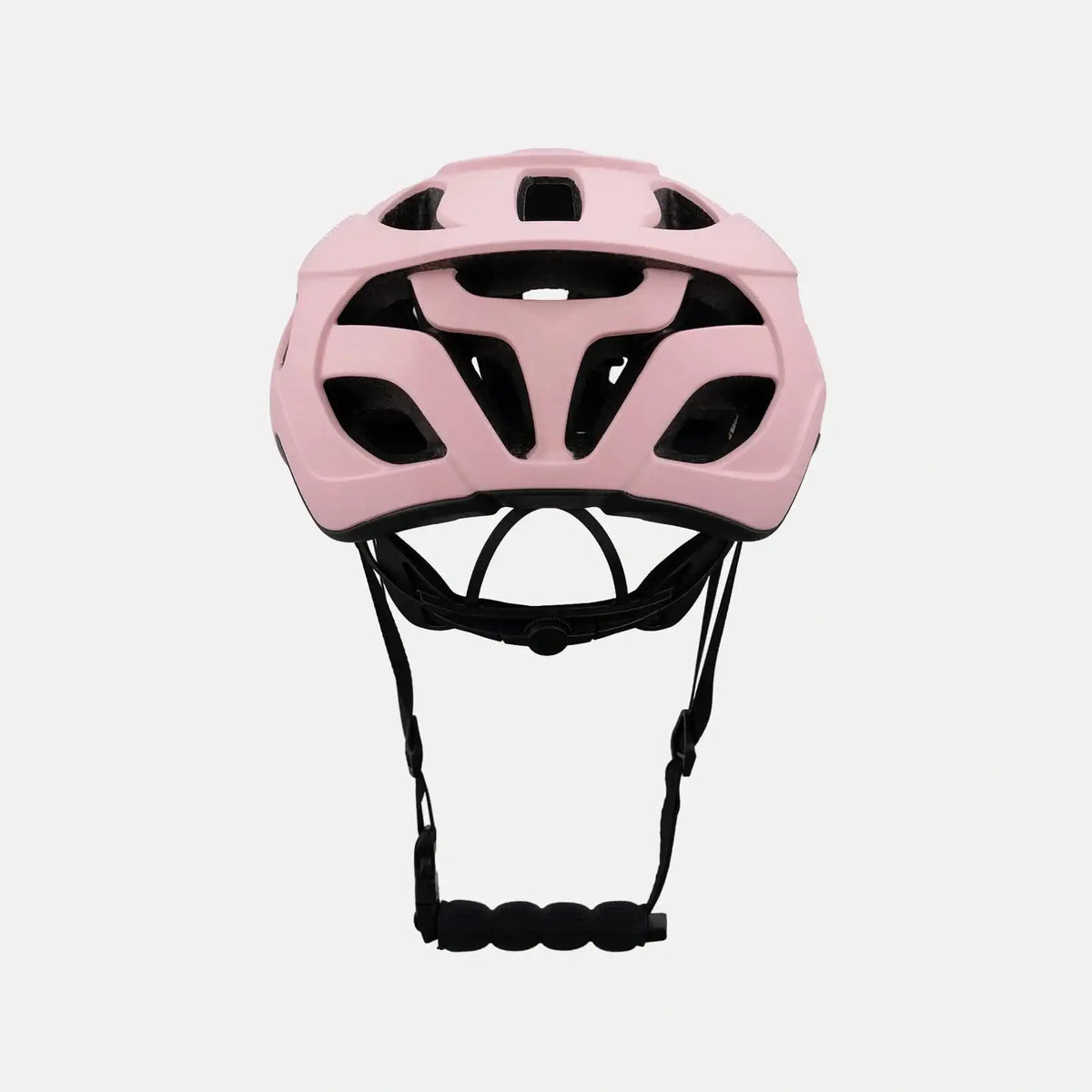 Pink bike helmet front view with black chin strap and vented design