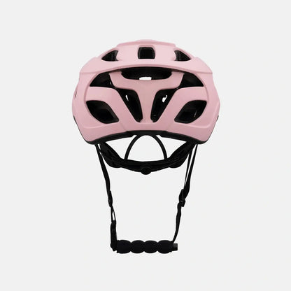 Pink bike helmet front view with black chin strap and vented design