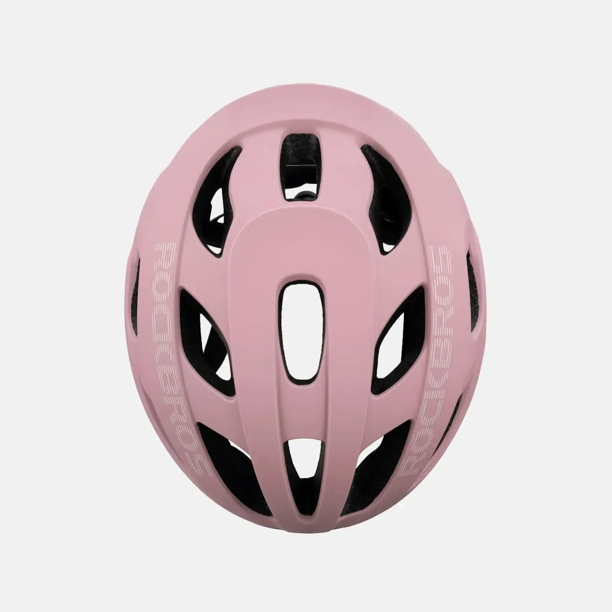 Pink bicycle helmet top view showing vent openings and central ridge