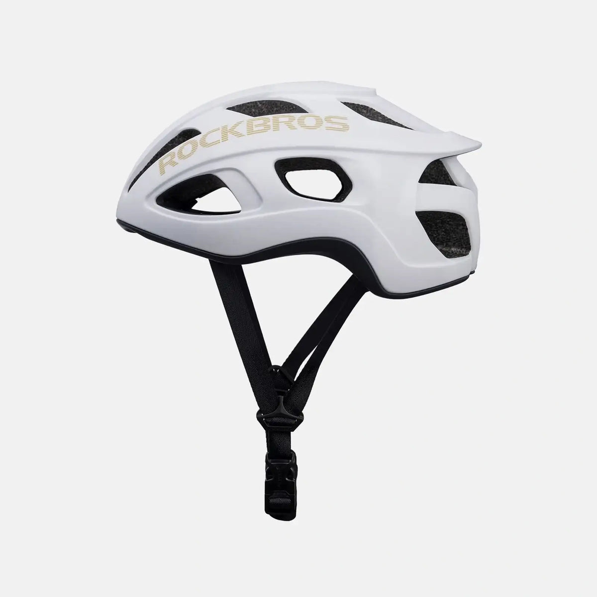 Lightweight bike helmet in glossy white with black vents and adjustable front chin strap