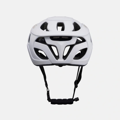 Lightweight bike helmet, white shell with vented top and black chin strap.