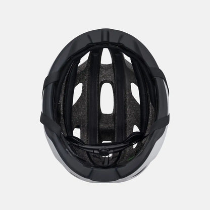 Lightweight bike helmet, matte black shell with inner padding and adjustable straps.