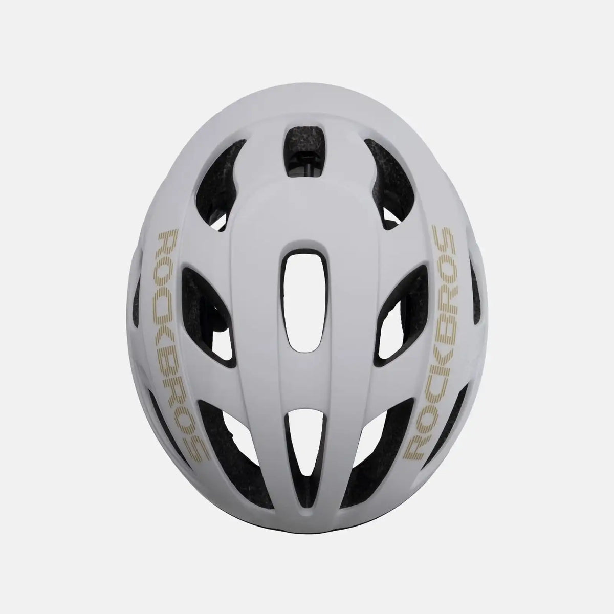Lightweight bike helmet, white shell with black/gray vent cutouts and side branding.