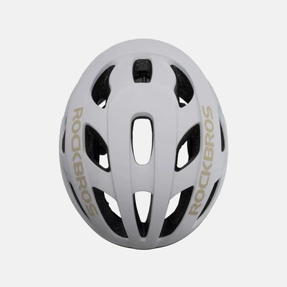 Lightweight bike helmet, white shell with black/gray vent cutouts and side branding.