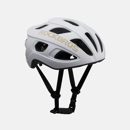 Lightweight bike helmet, matte white shell with black vents and chin straps.
