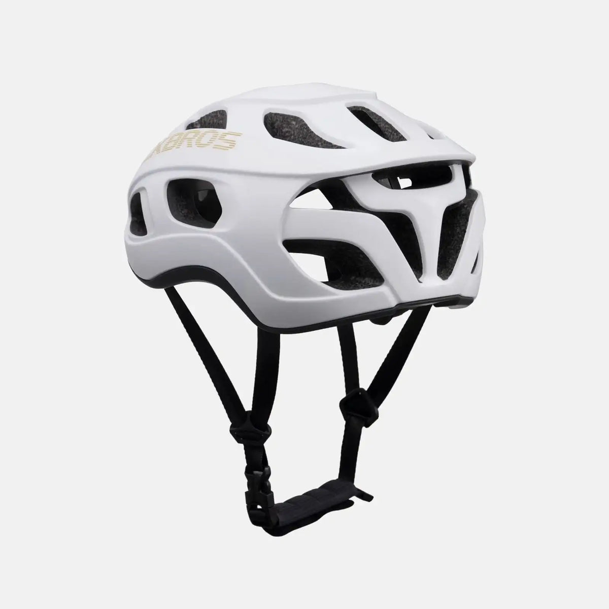 Lightweight bike helmet, glossy white shell with black ventilation openings and straps.