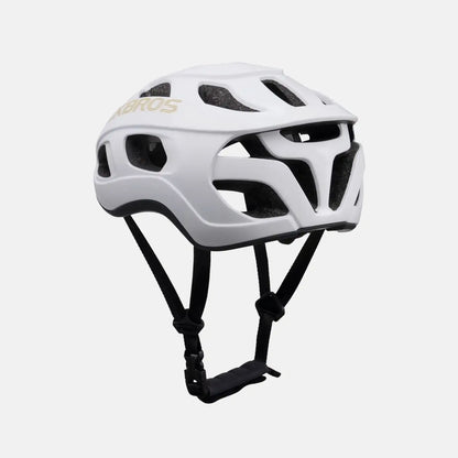Lightweight bike helmet, glossy white shell with black ventilation openings and straps.