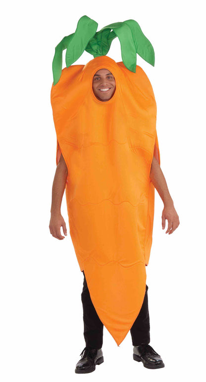 Adult carrot costume with orange hooded tunic and green leaf cap, unisex standard