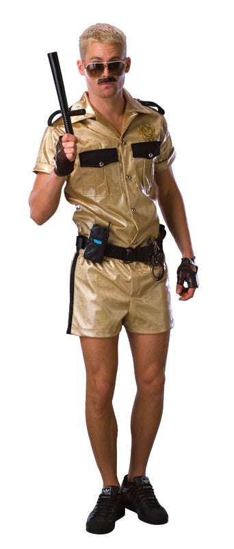 Adult police costume with tan jumpsuit, black chest harness, and face mask, toy gun prop
